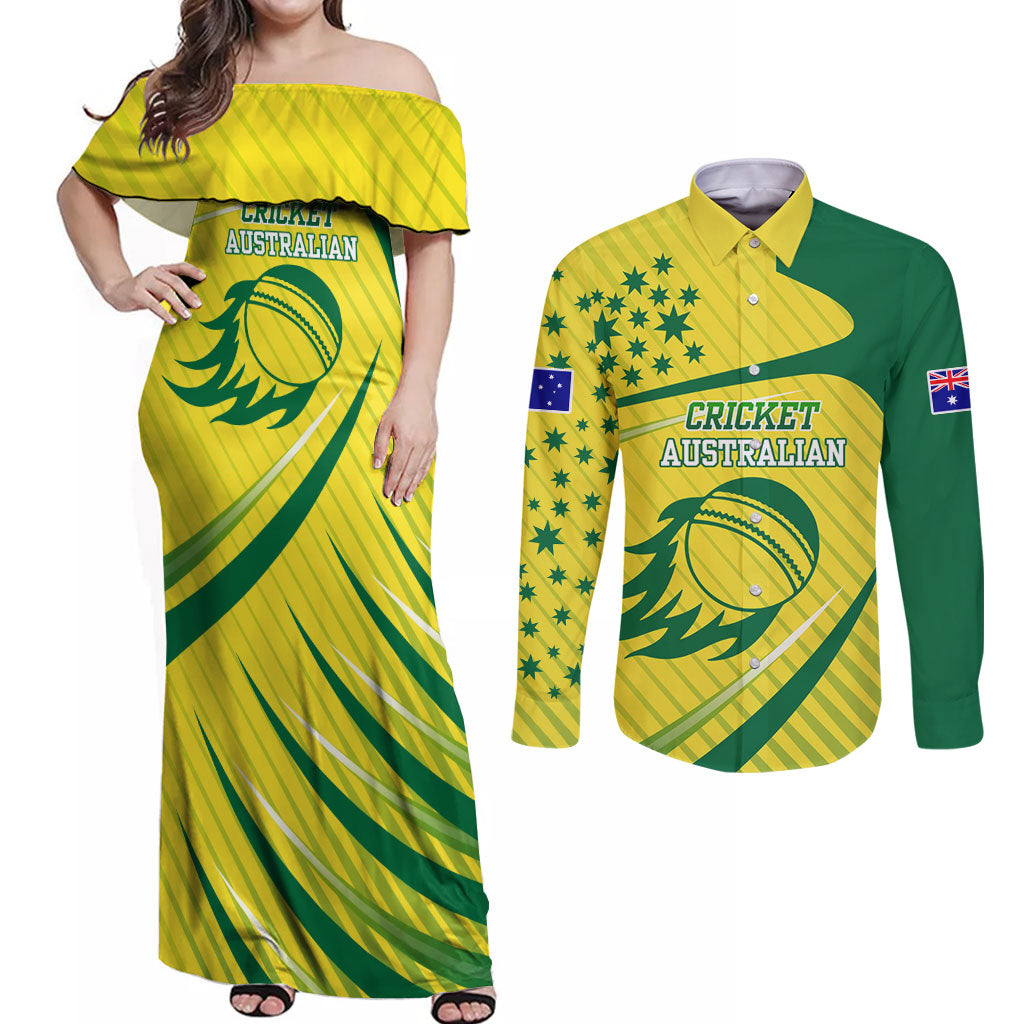 Australian Cricket Couples Matching Off Shoulder Maxi Dress and Long Sleeve Button Shirt Southern Cross Stars - Heritage Graphic