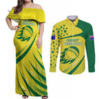 Australian Cricket Couples Matching Off Shoulder Maxi Dress and Long Sleeve Button Shirt Southern Cross Stars - Heritage Graphic