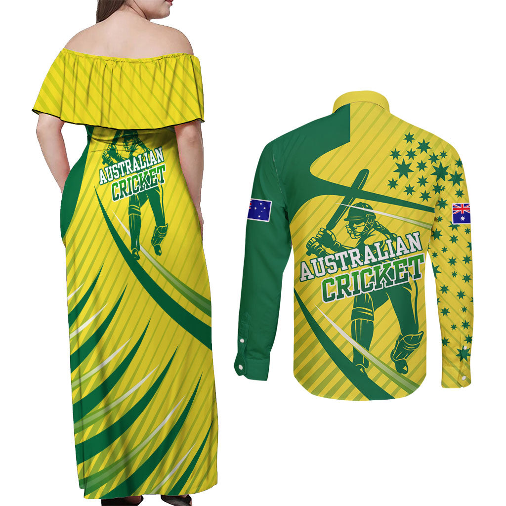 Australian Cricket Couples Matching Off Shoulder Maxi Dress and Long Sleeve Button Shirt Southern Cross Stars - Heritage Graphic