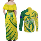 Australian Cricket Couples Matching Off Shoulder Maxi Dress and Long Sleeve Button Shirt Southern Cross Stars - Heritage Graphic
