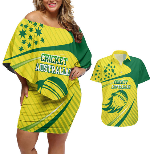 Australian Cricket Couples Matching Off Shoulder Short Dress and Hawaiian Shirt Southern Cross Stars - Heritage Graphic