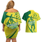 Australian Cricket Couples Matching Off Shoulder Short Dress and Hawaiian Shirt Southern Cross Stars - Heritage Graphic
