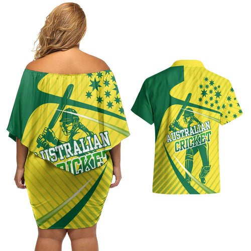 Australian Cricket Couples Matching Off Shoulder Short Dress and Hawaiian Shirt Southern Cross Stars - Heritage Graphic