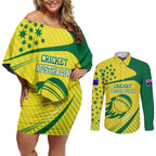 Australian Cricket Couples Matching Off Shoulder Short Dress and Long Sleeve Button Shirt Southern Cross Stars - Heritage Graphic