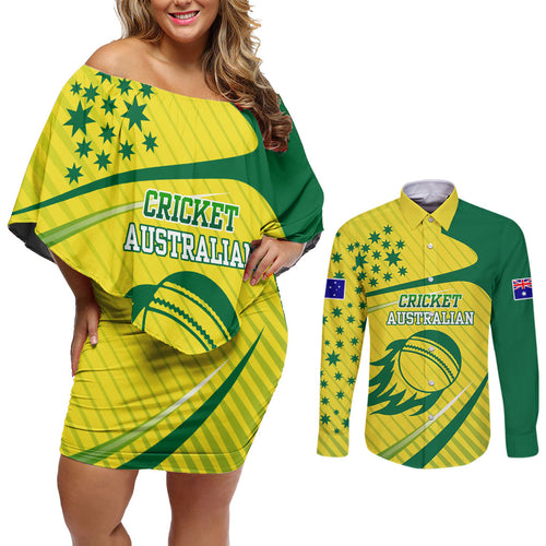 Australian Cricket Couples Matching Off Shoulder Short Dress and Long Sleeve Button Shirt Southern Cross Stars - Heritage Graphic