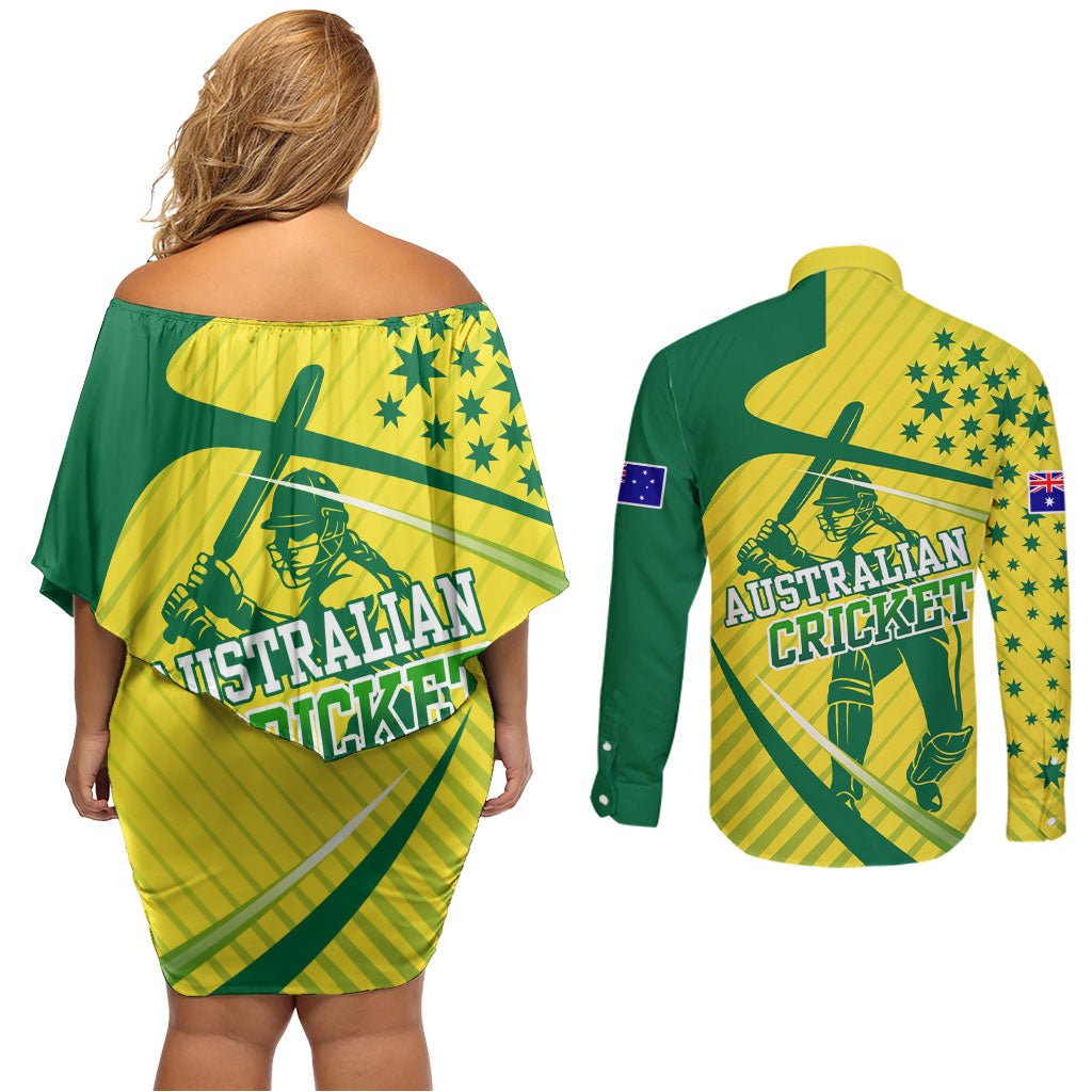 Australian Cricket Couples Matching Off Shoulder Short Dress and Long Sleeve Button Shirt Southern Cross Stars - Heritage Graphic