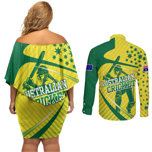 Australian Cricket Couples Matching Off Shoulder Short Dress and Long Sleeve Button Shirt Southern Cross Stars - Heritage Graphic