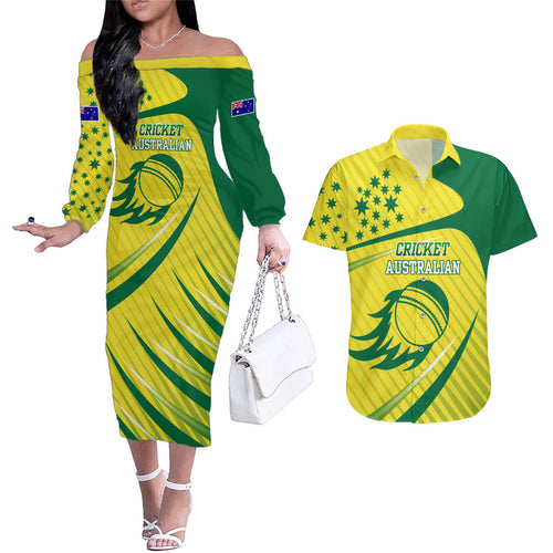 Australian Cricket Couples Matching Off The Shoulder Long Sleeve Dress and Hawaiian Shirt Southern Cross Stars - Heritage Graphic