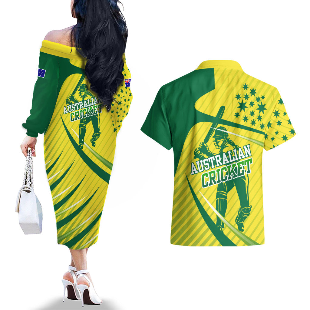 Australian Cricket Couples Matching Off The Shoulder Long Sleeve Dress and Hawaiian Shirt Southern Cross Stars - Heritage Graphic