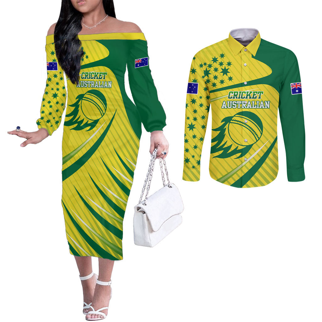 Australian Cricket Couples Matching Off The Shoulder Long Sleeve Dress and Long Sleeve Button Shirt Southern Cross Stars - Heritage Graphic
