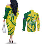 Australian Cricket Couples Matching Off The Shoulder Long Sleeve Dress and Long Sleeve Button Shirt Southern Cross Stars - Heritage Graphic