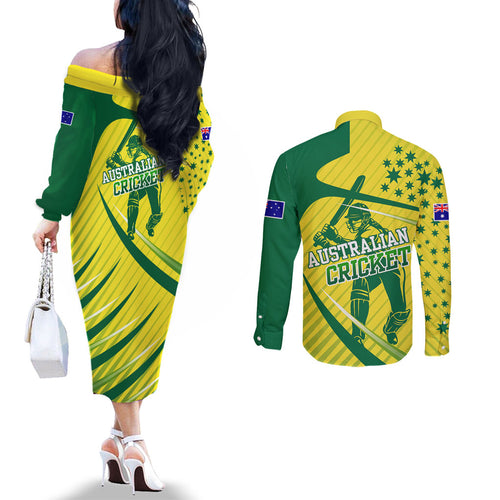 Australian Cricket Couples Matching Off The Shoulder Long Sleeve Dress and Long Sleeve Button Shirt Southern Cross Stars - Heritage Graphic