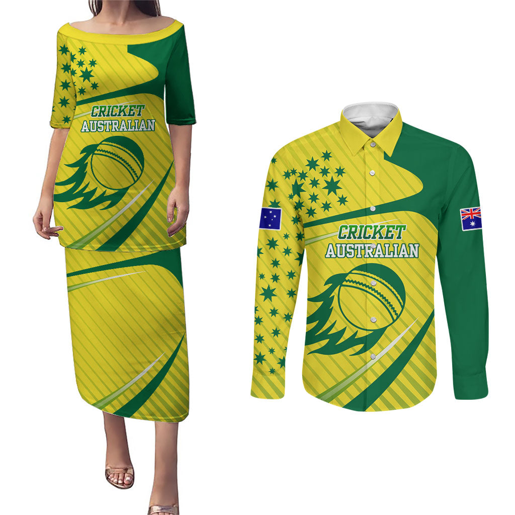 Australian Cricket Couples Matching Puletasi and Long Sleeve Button Shirt Southern Cross Stars - Heritage Graphic