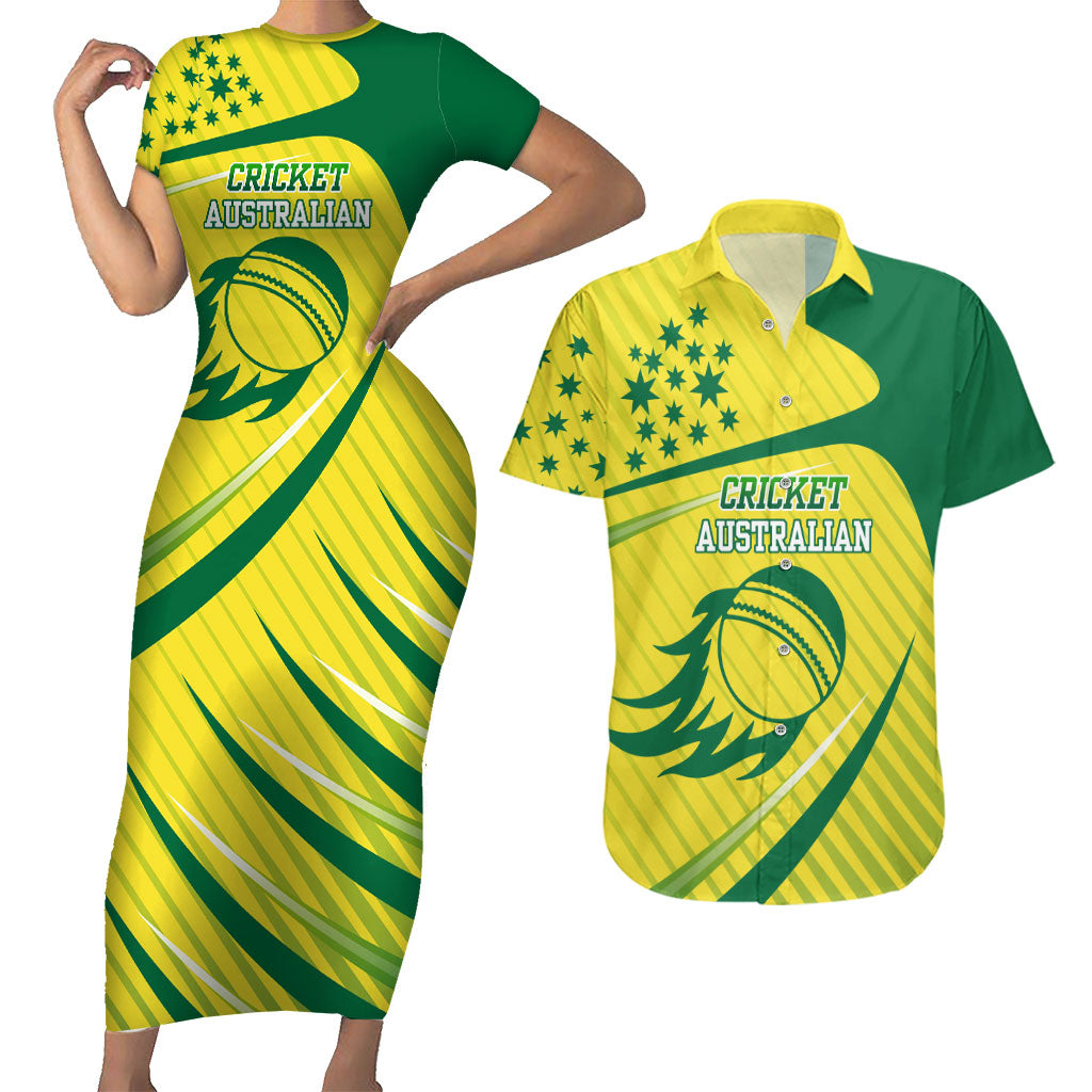 Australian Cricket Couples Matching Short Sleeve Bodycon Dress and Hawaiian Shirt Southern Cross Stars - Heritage Graphic