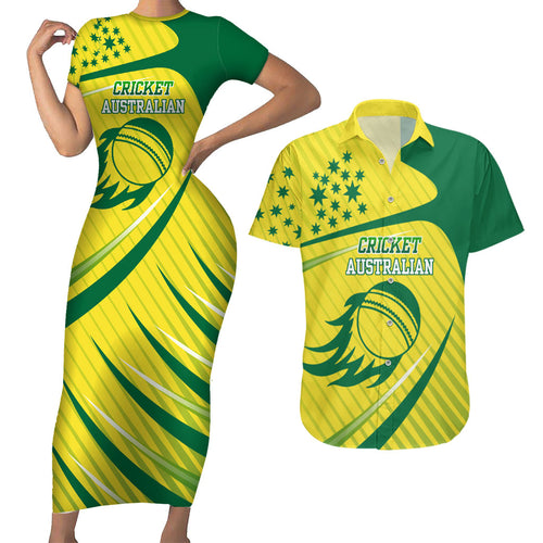 Australian Cricket Couples Matching Short Sleeve Bodycon Dress and Hawaiian Shirt Southern Cross Stars - Heritage Graphic