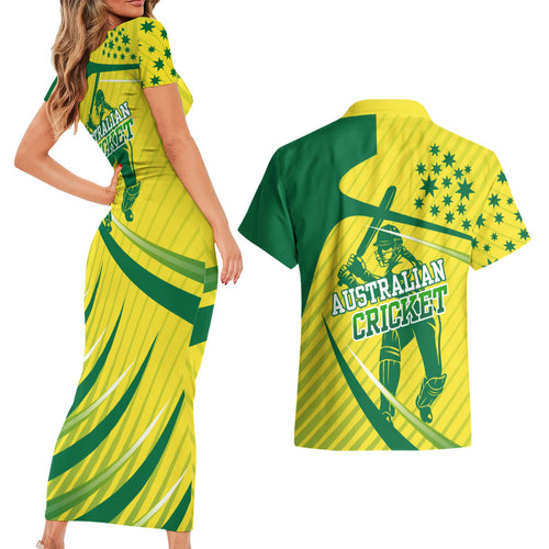 Australian Cricket Couples Matching Short Sleeve Bodycon Dress and Hawaiian Shirt Southern Cross Stars - Heritage Graphic