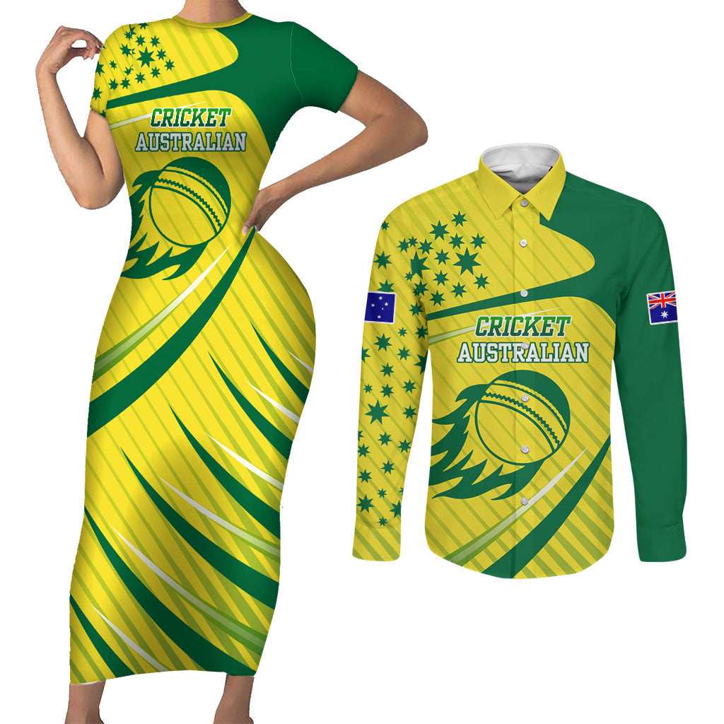 Australian Cricket Couples Matching Short Sleeve Bodycon Dress and Long Sleeve Button Shirt Southern Cross Stars - Heritage Graphic