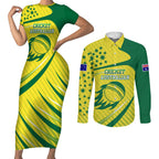 Australian Cricket Couples Matching Short Sleeve Bodycon Dress and Long Sleeve Button Shirt Southern Cross Stars - Heritage Graphic