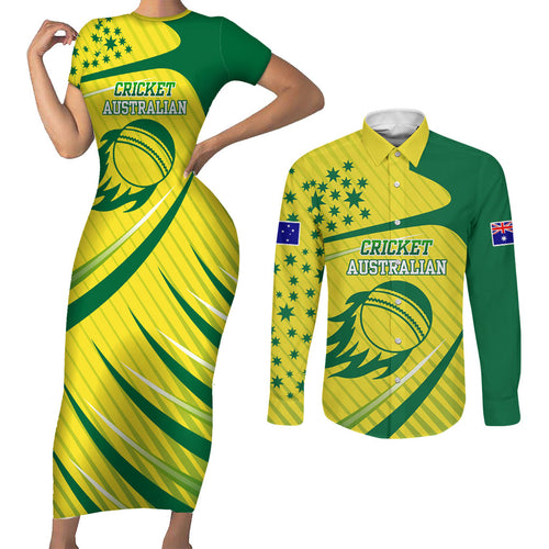 Australian Cricket Couples Matching Short Sleeve Bodycon Dress and Long Sleeve Button Shirt Southern Cross Stars - Heritage Graphic