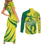 Australian Cricket Couples Matching Short Sleeve Bodycon Dress and Long Sleeve Button Shirt Southern Cross Stars - Heritage Graphic