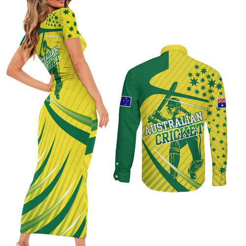 Australian Cricket Couples Matching Short Sleeve Bodycon Dress and Long Sleeve Button Shirt Southern Cross Stars - Heritage Graphic