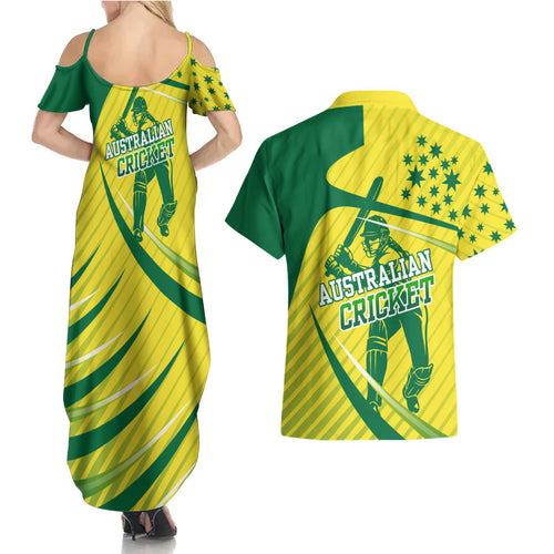 Australian Cricket Couples Matching Summer Maxi Dress and Hawaiian Shirt Southern Cross Stars - Heritage Graphic