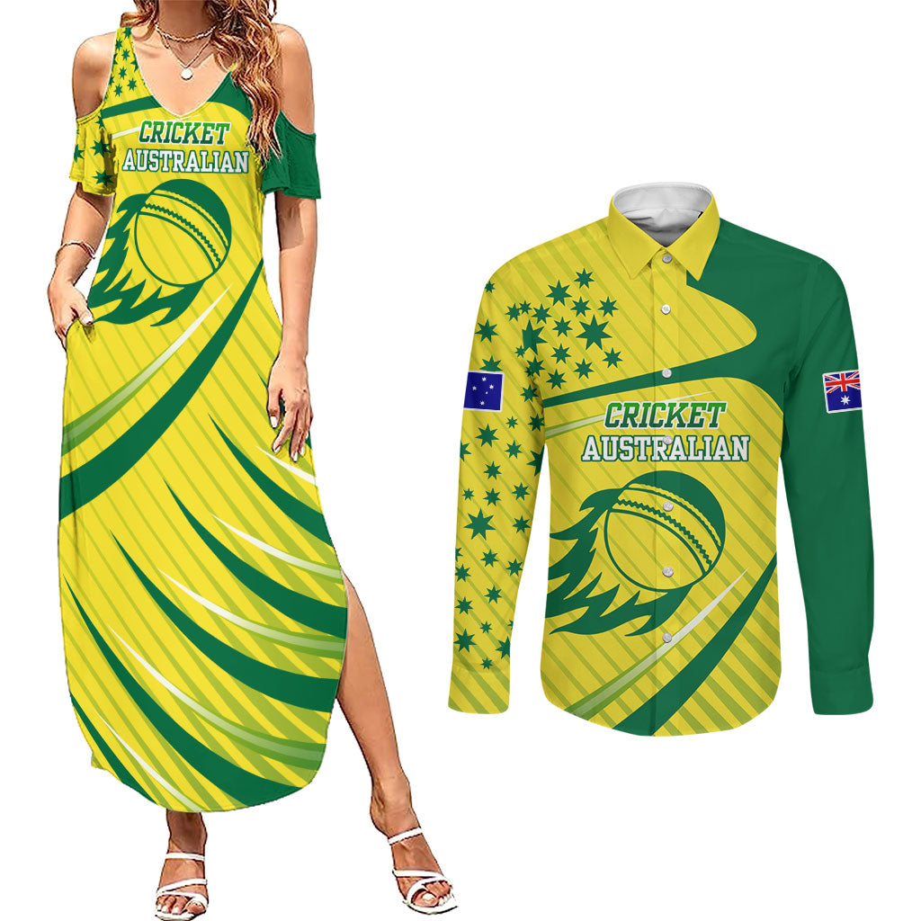 Australian Cricket Couples Matching Summer Maxi Dress and Long Sleeve Button Shirt Southern Cross Stars - Heritage Graphic