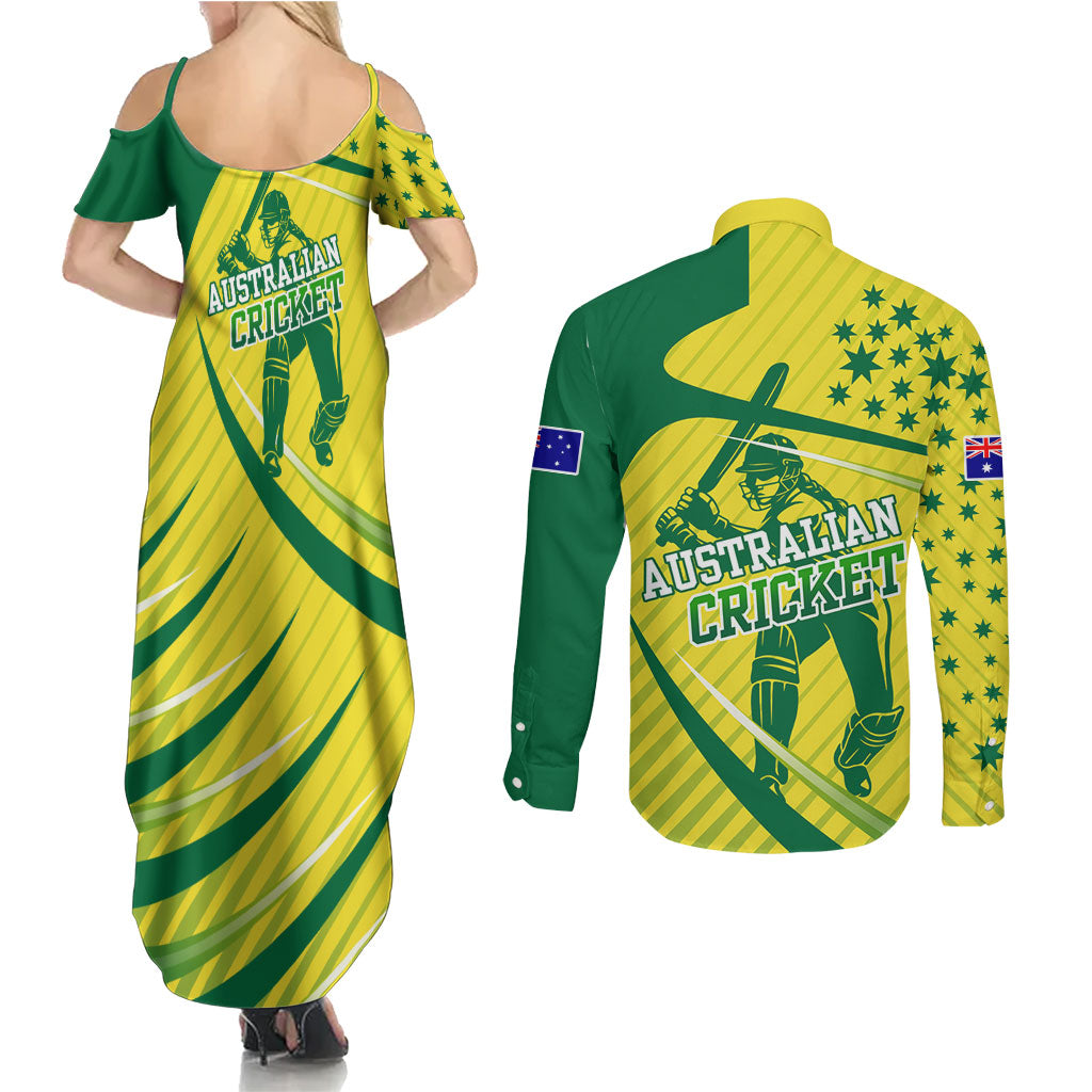 Australian Cricket Couples Matching Summer Maxi Dress and Long Sleeve Button Shirt Southern Cross Stars - Heritage Graphic