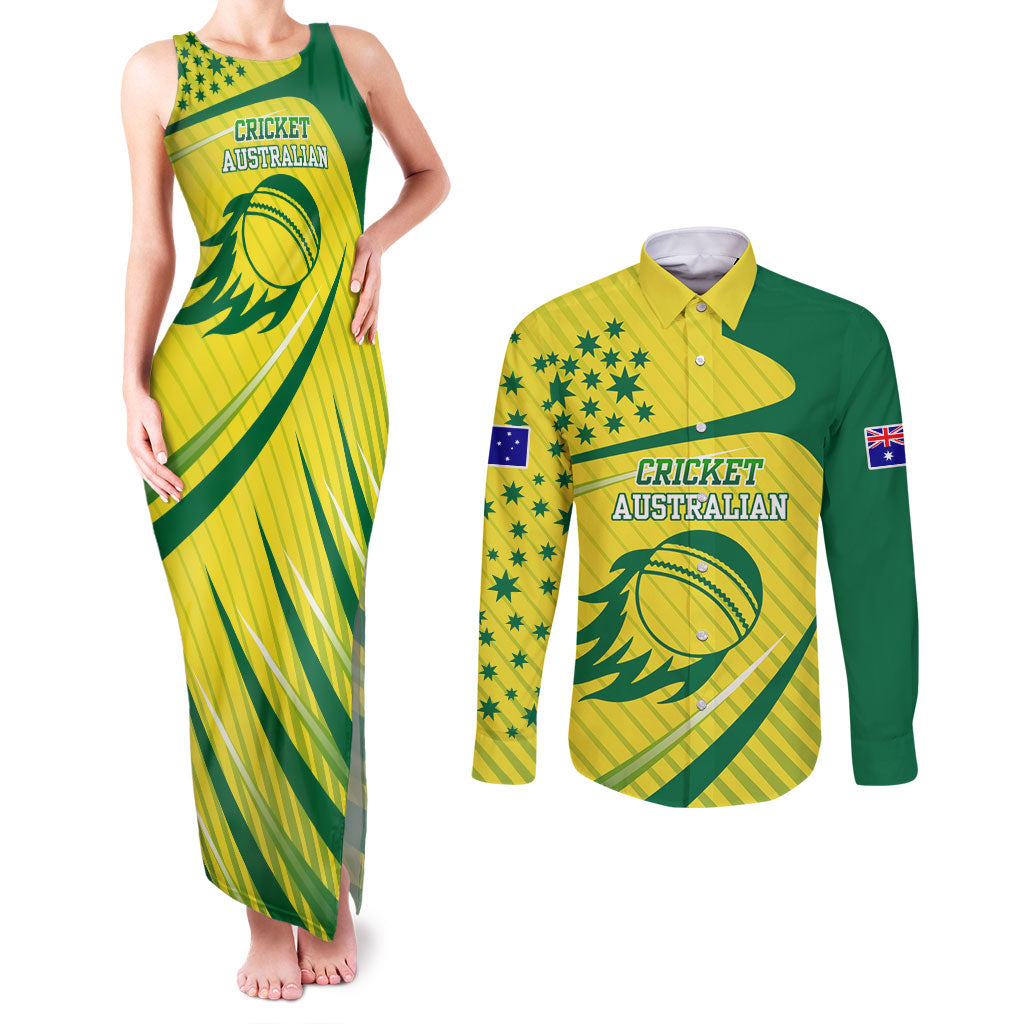 Australian Cricket Couples Matching Tank Maxi Dress and Long Sleeve Button Shirt Southern Cross Stars - Heritage Graphic