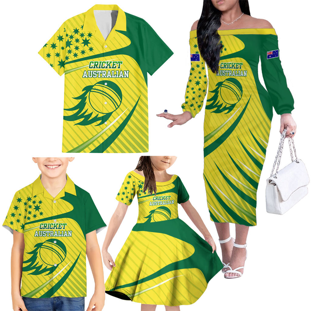 Australian Cricket Family Matching Off The Shoulder Long Sleeve Dress and Hawaiian Shirt Southern Cross Stars - Heritage Graphic