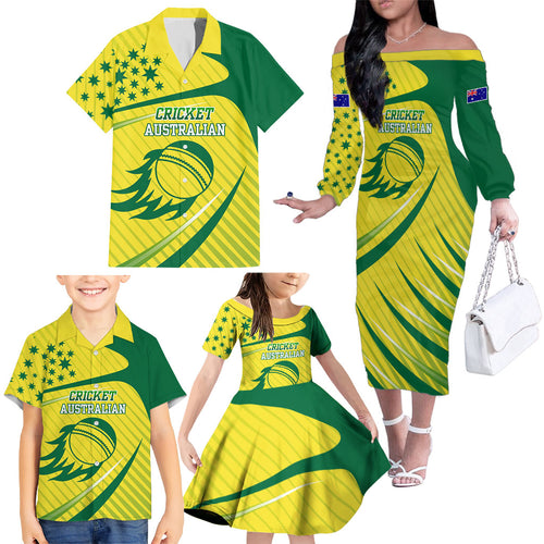 Australian Cricket Family Matching Off The Shoulder Long Sleeve Dress and Hawaiian Shirt Southern Cross Stars - Heritage Graphic