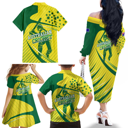 Australian Cricket Family Matching Off The Shoulder Long Sleeve Dress and Hawaiian Shirt Southern Cross Stars - Heritage Graphic