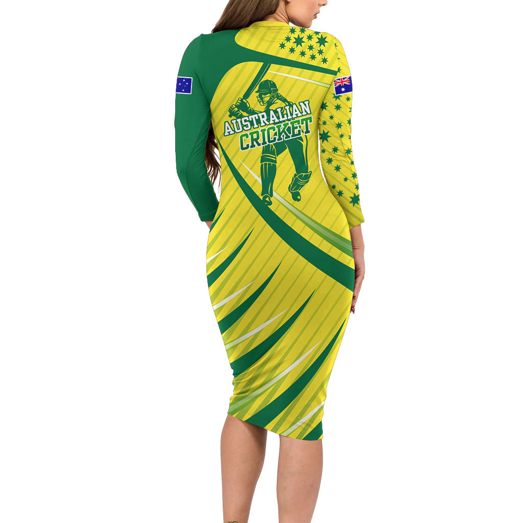 Australian Cricket Long Sleeve Bodycon Dress Southern Cross Stars - Heritage Graphic