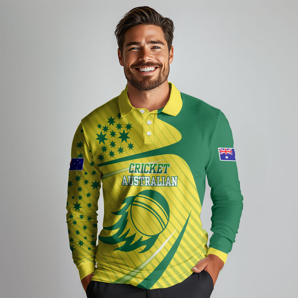 Australian Cricket Long Sleeve Polo Shirt Southern Cross Stars - Heritage Graphic