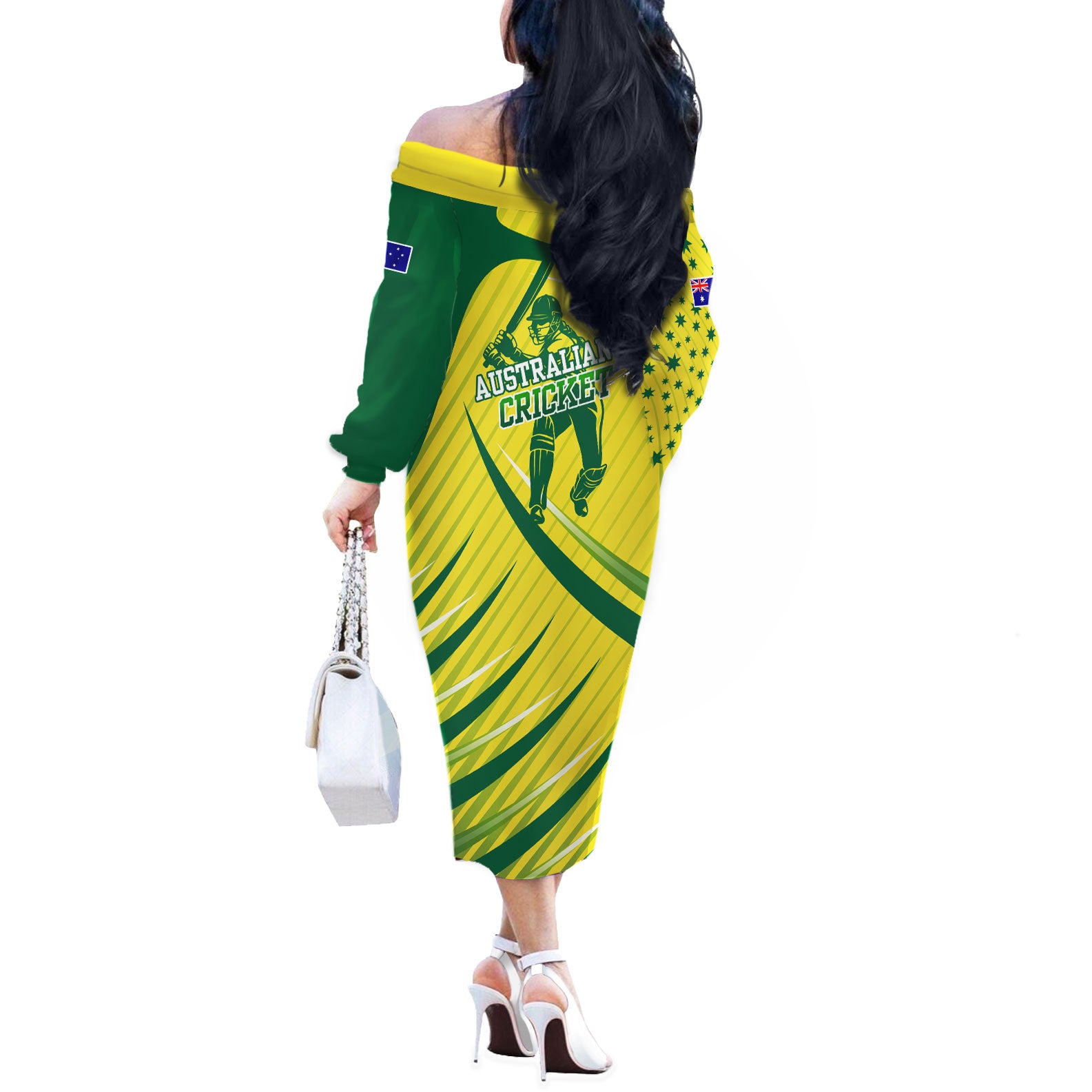 Australian Cricket Off The Shoulder Long Sleeve Dress Southern Cross Stars - Heritage Graphic