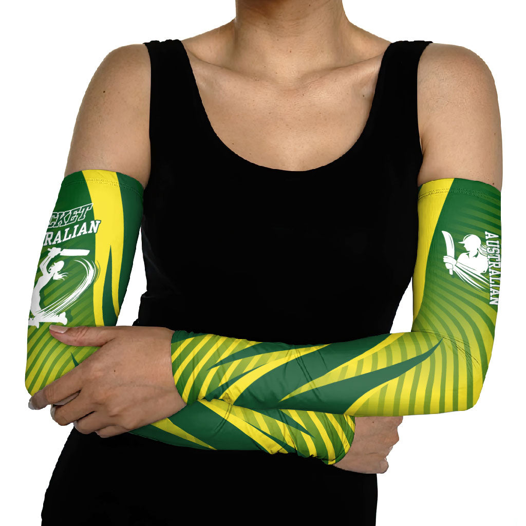 Australian Cricket Arm Sleeves Dynamic Stripe Graphic With Player Silhouette