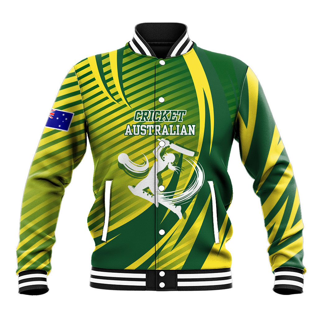 Australian Cricket Baseball Jacket Dynamic Stripe Graphic With Player Silhouette