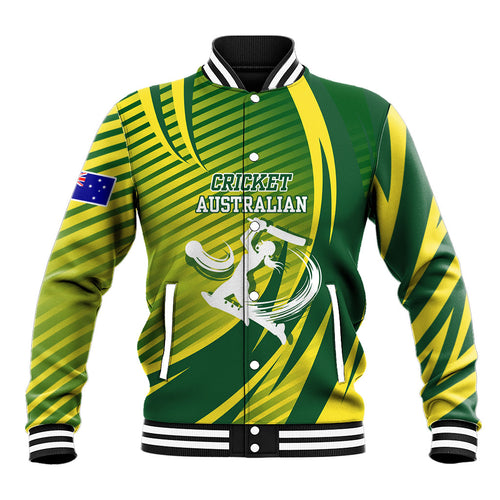 Australian Cricket Baseball Jacket Dynamic Stripe Graphic With Player Silhouette