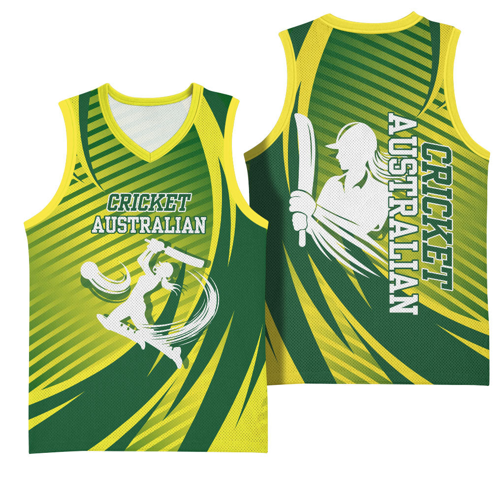 Australian Cricket Basketball Jersey Dynamic Stripe Graphic With Player Silhouette
