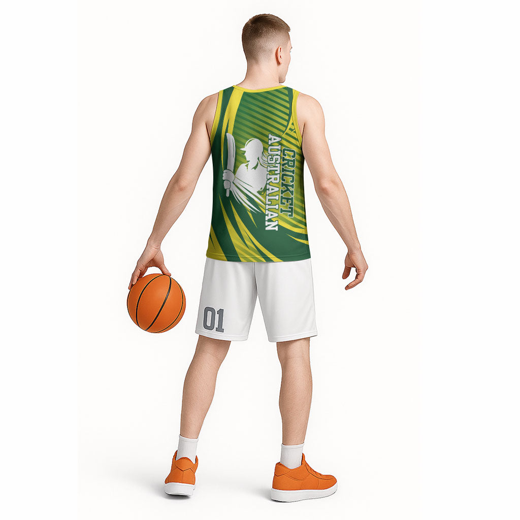 Australian Cricket Basketball Jersey Dynamic Stripe Graphic With Player Silhouette