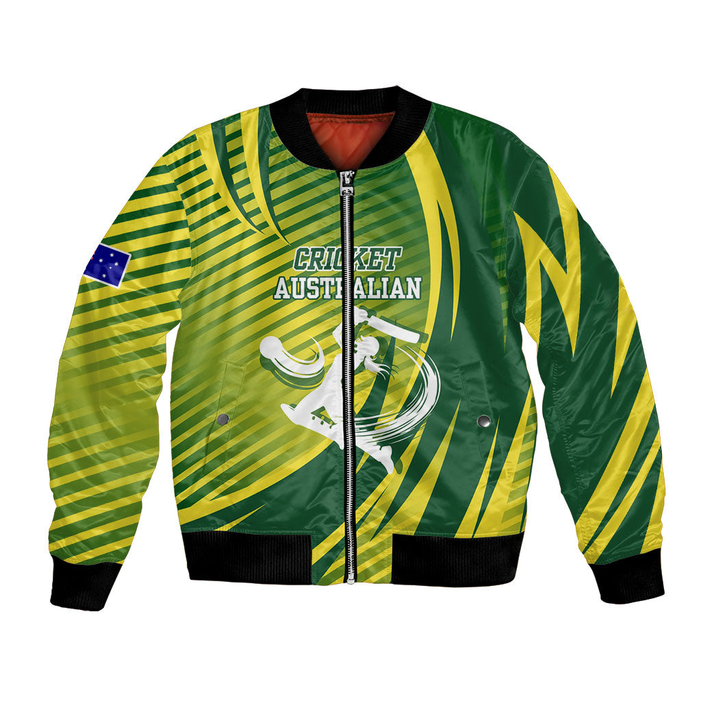 Australian Cricket Bomber Jacket Dynamic Stripe Graphic With Player Silhouette