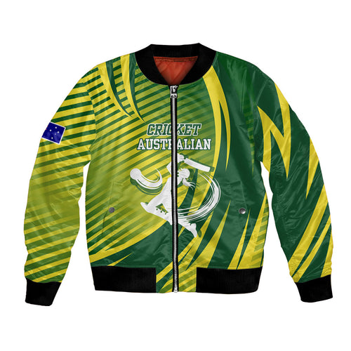 Australian Cricket Bomber Jacket Dynamic Stripe Graphic With Player Silhouette