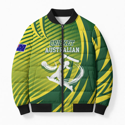 Australian Cricket Bomber Puffer Jacket Dynamic Stripe Graphic With Player Silhouette