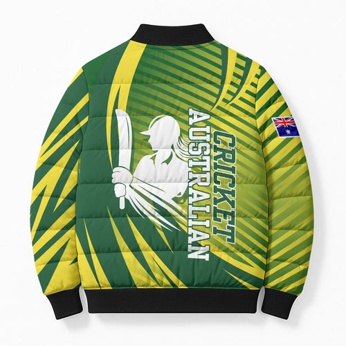 Australian Cricket Bomber Puffer Jacket Dynamic Stripe Graphic With Player Silhouette