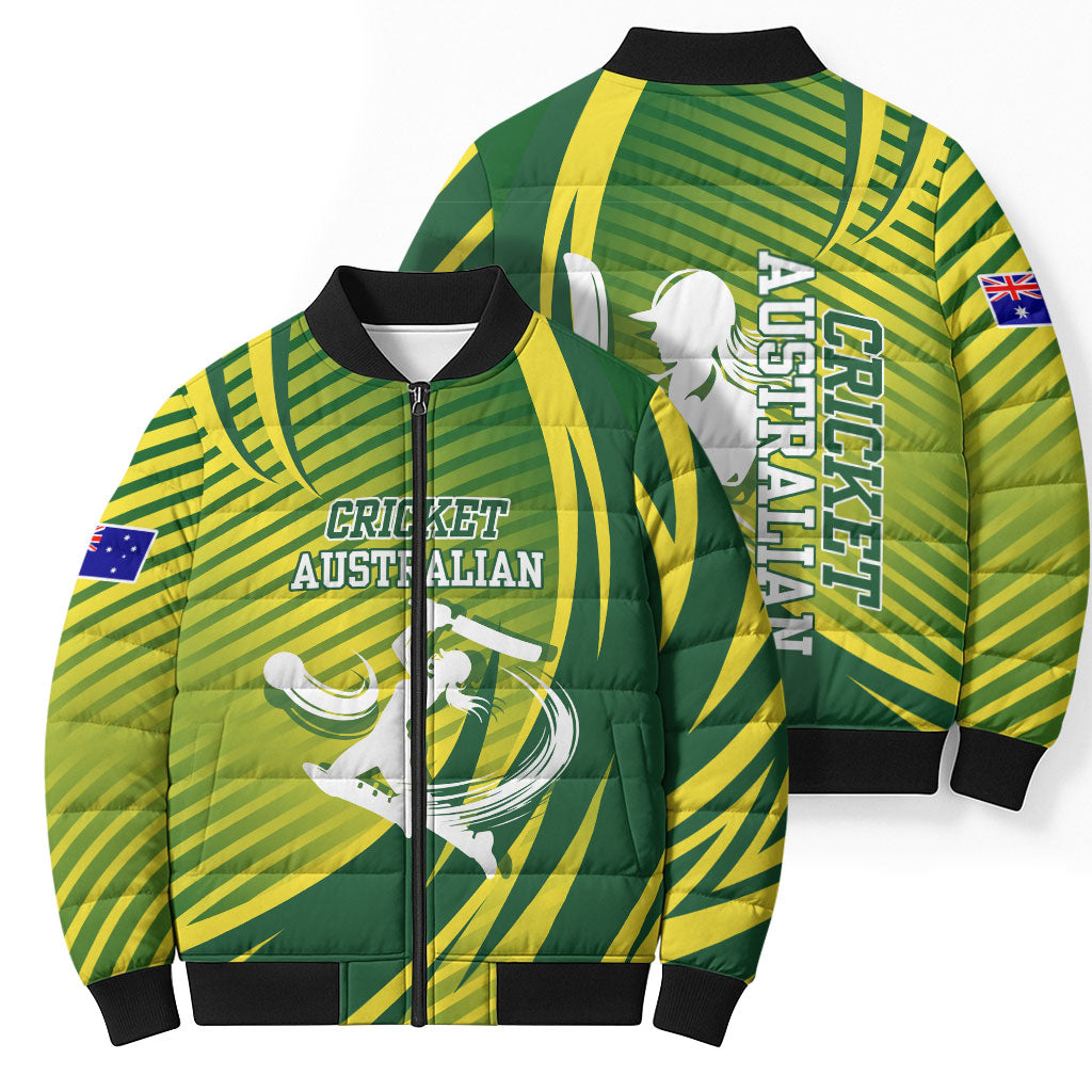 Australian Cricket Bomber Puffer Jacket Dynamic Stripe Graphic With Player Silhouette
