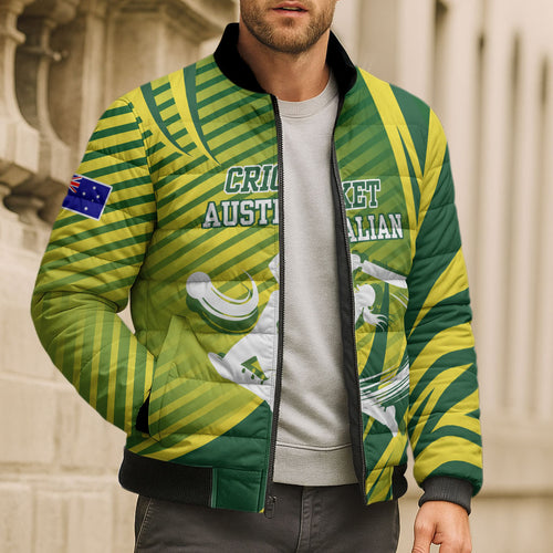 Australian Cricket Bomber Puffer Jacket Dynamic Stripe Graphic With Player Silhouette