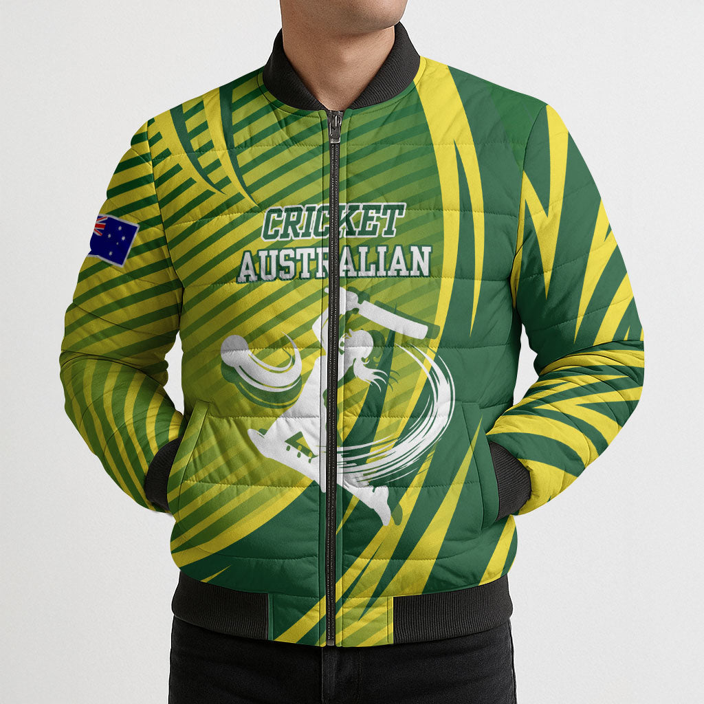 Australian Cricket Bomber Puffer Jacket Dynamic Stripe Graphic With Player Silhouette
