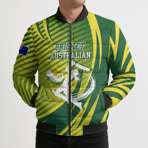 Australian Cricket Bomber Puffer Jacket Dynamic Stripe Graphic With Player Silhouette
