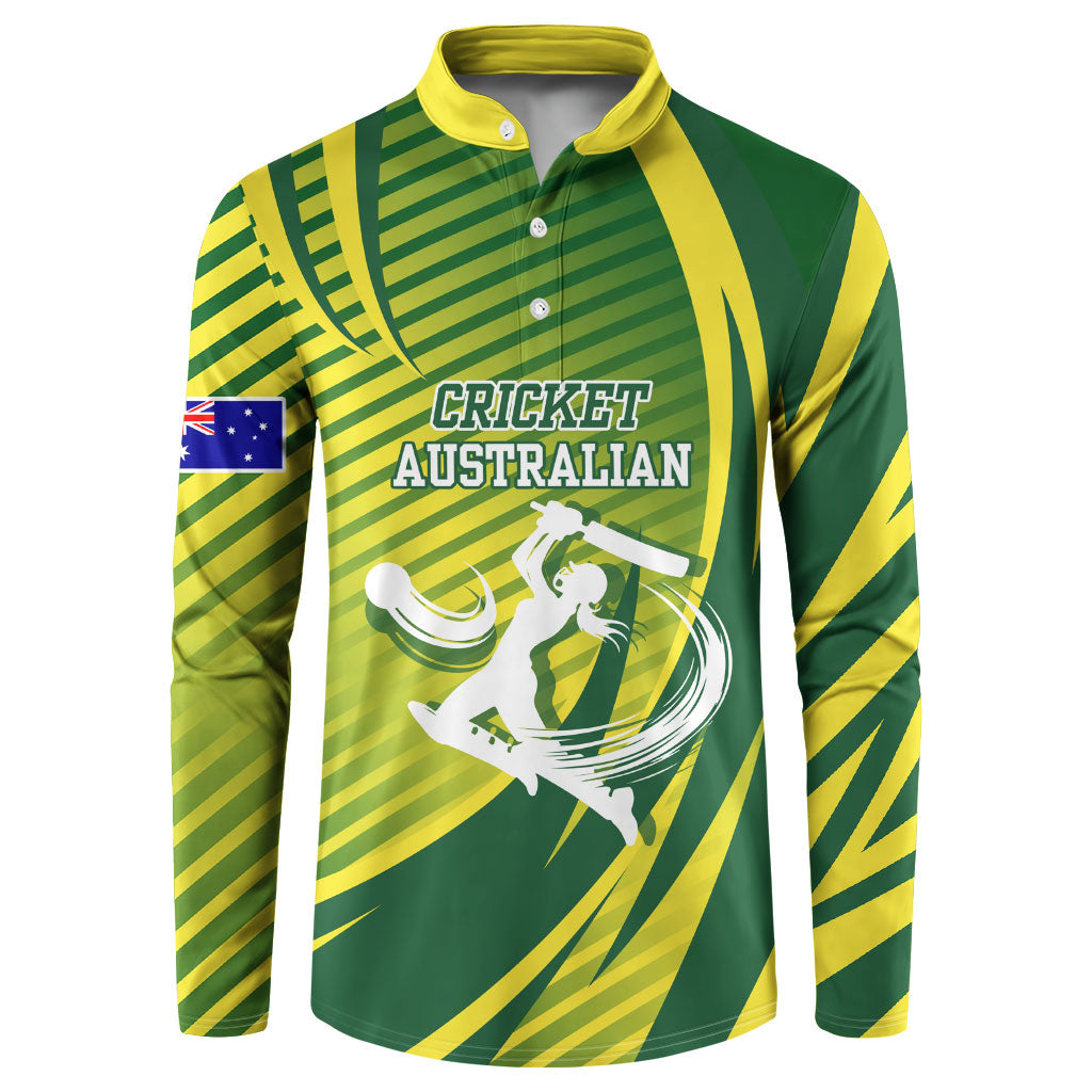Australian Cricket Button Sweatshirt Dynamic Stripe Graphic With Player Silhouette