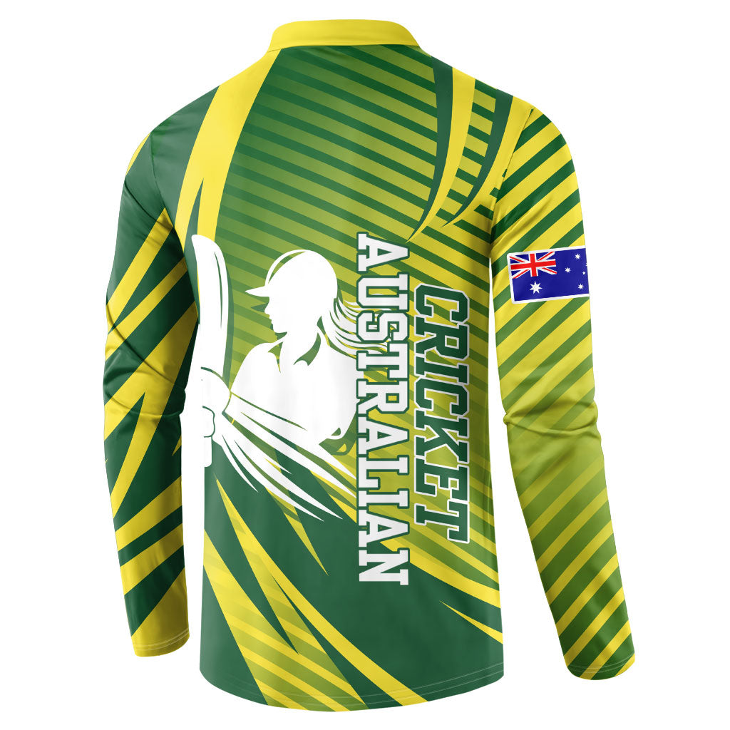 Australian Cricket Button Sweatshirt Dynamic Stripe Graphic With Player Silhouette